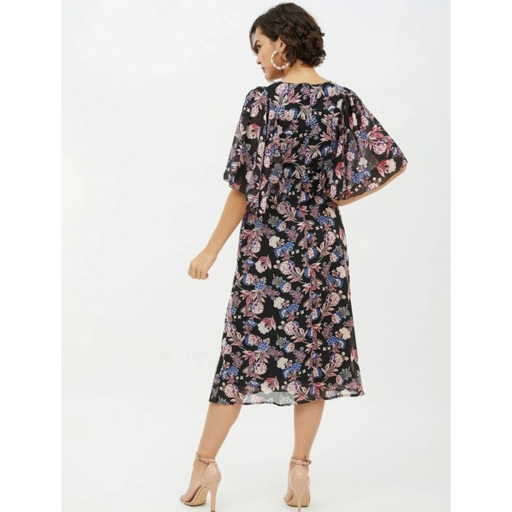Snuggle Spot Women's Polyester Chain Print Cap Sleeve Calf-length Dress (Multicolor)