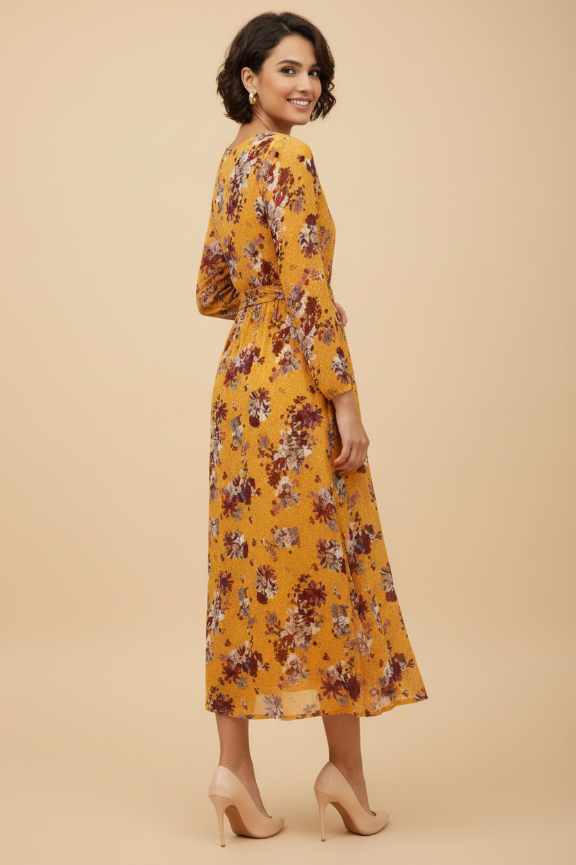 Snuggle Spot Women's Polyester Floral Long Sleeves Calf-length Dress (Multicolor)