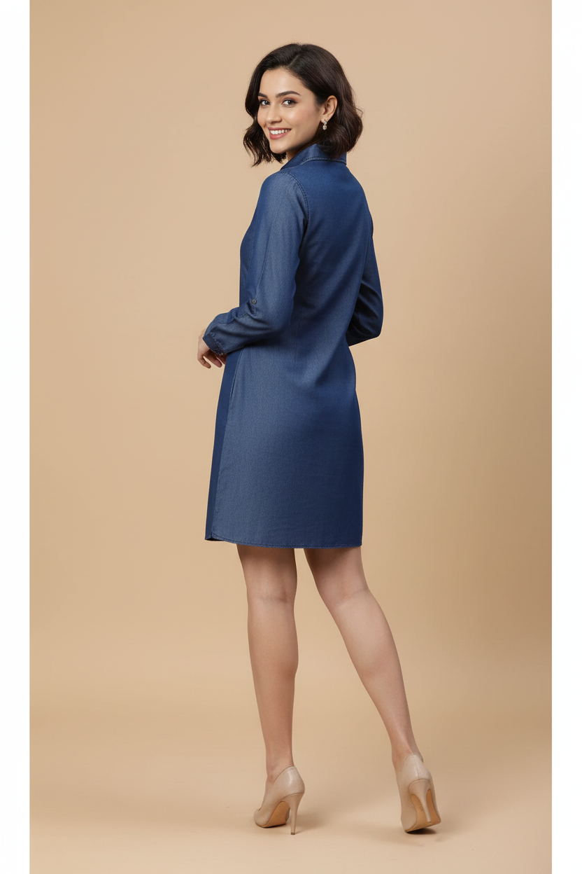 Snuggle Spot Women's Denim Solid Long Sleeves Above Knee Dress (Navy Blue)