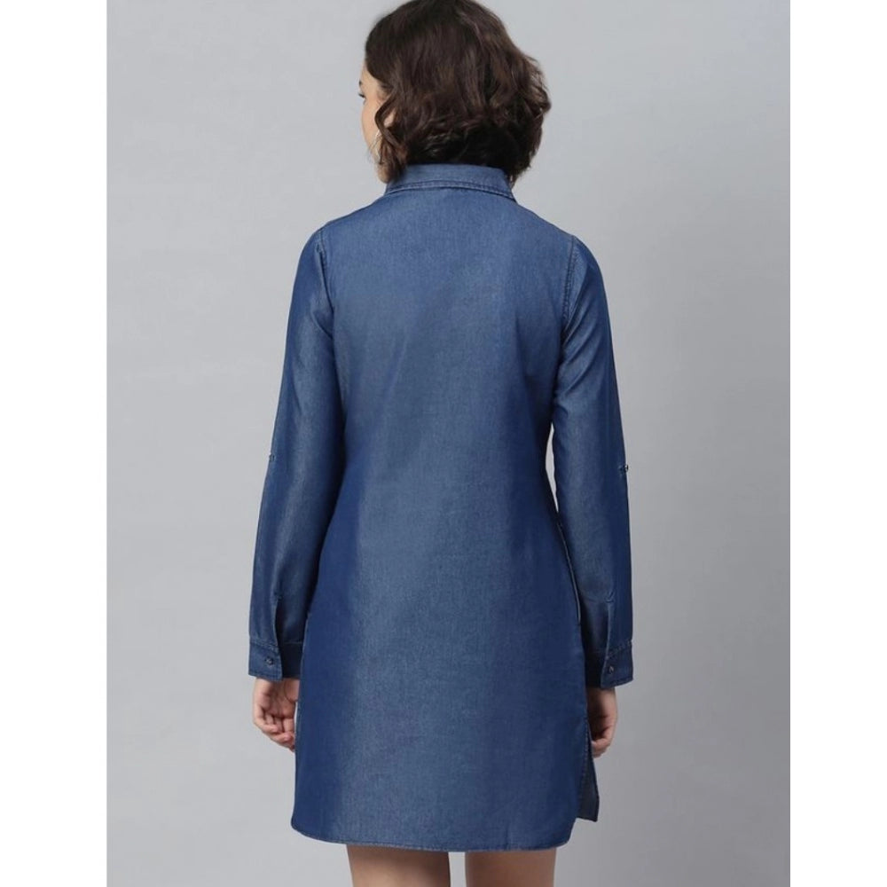 Snuggle Spot Women's Denim Solid Long Sleeves Above Knee Dress (Navy Blue)