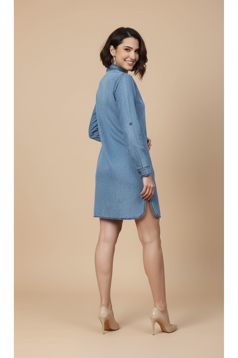 Snuggle Spot Women's Denim Solid Long Sleeves Above Knee Dress (Ice Blue)
