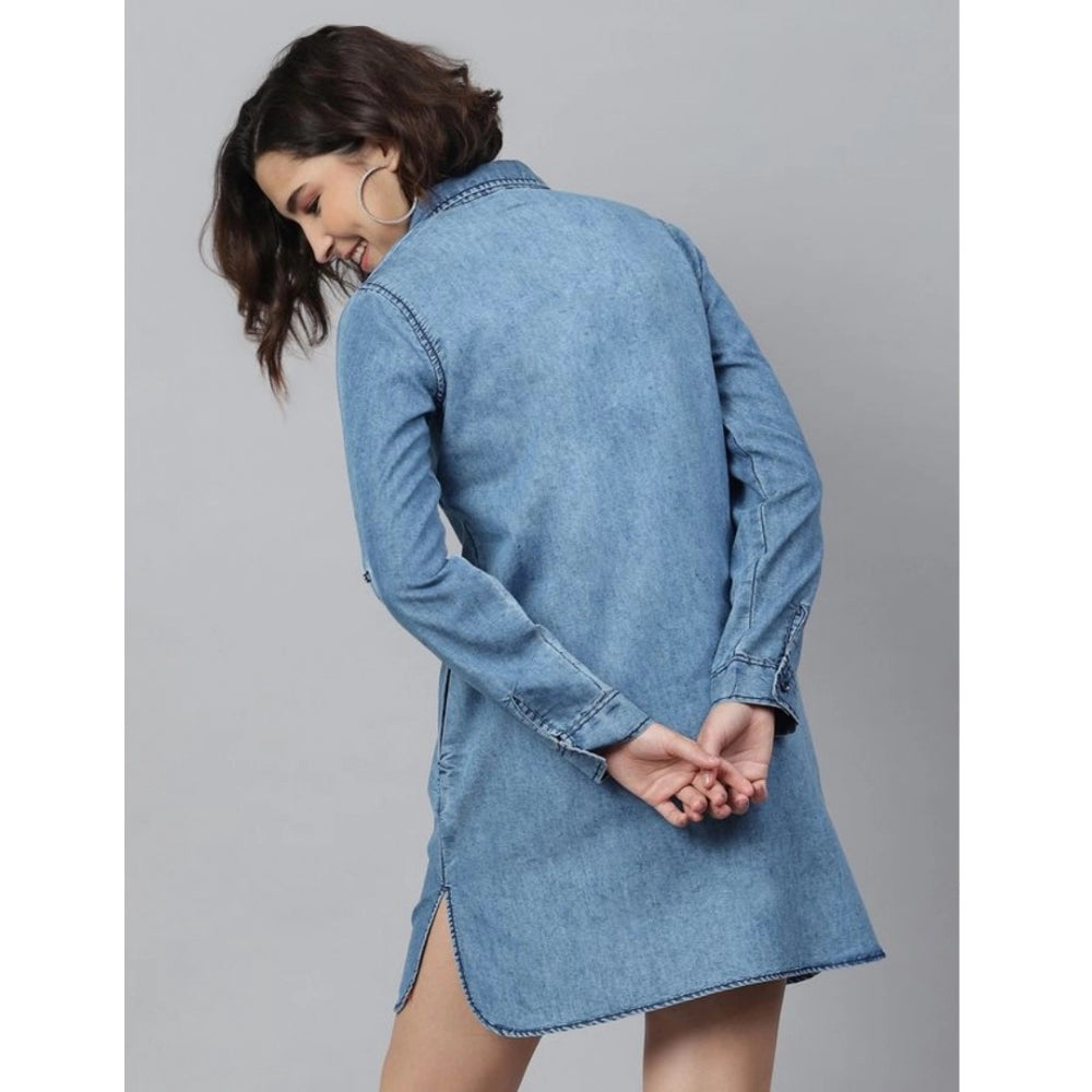 Snuggle Spot Women's Denim Solid Long Sleeves Above Knee Dress (Ice Blue)