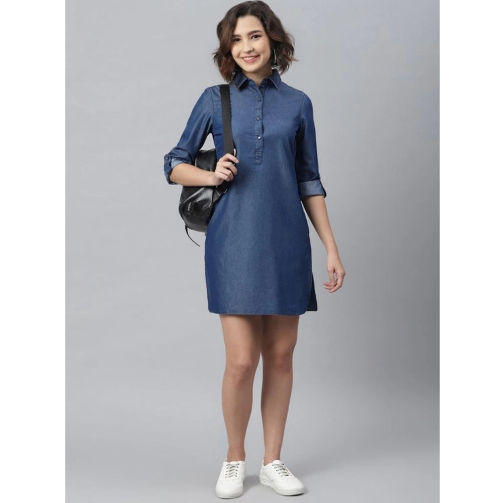 Snuggle Spot Women's Denim Solid Long Sleeves Above Knee Dress (Navy Blue)