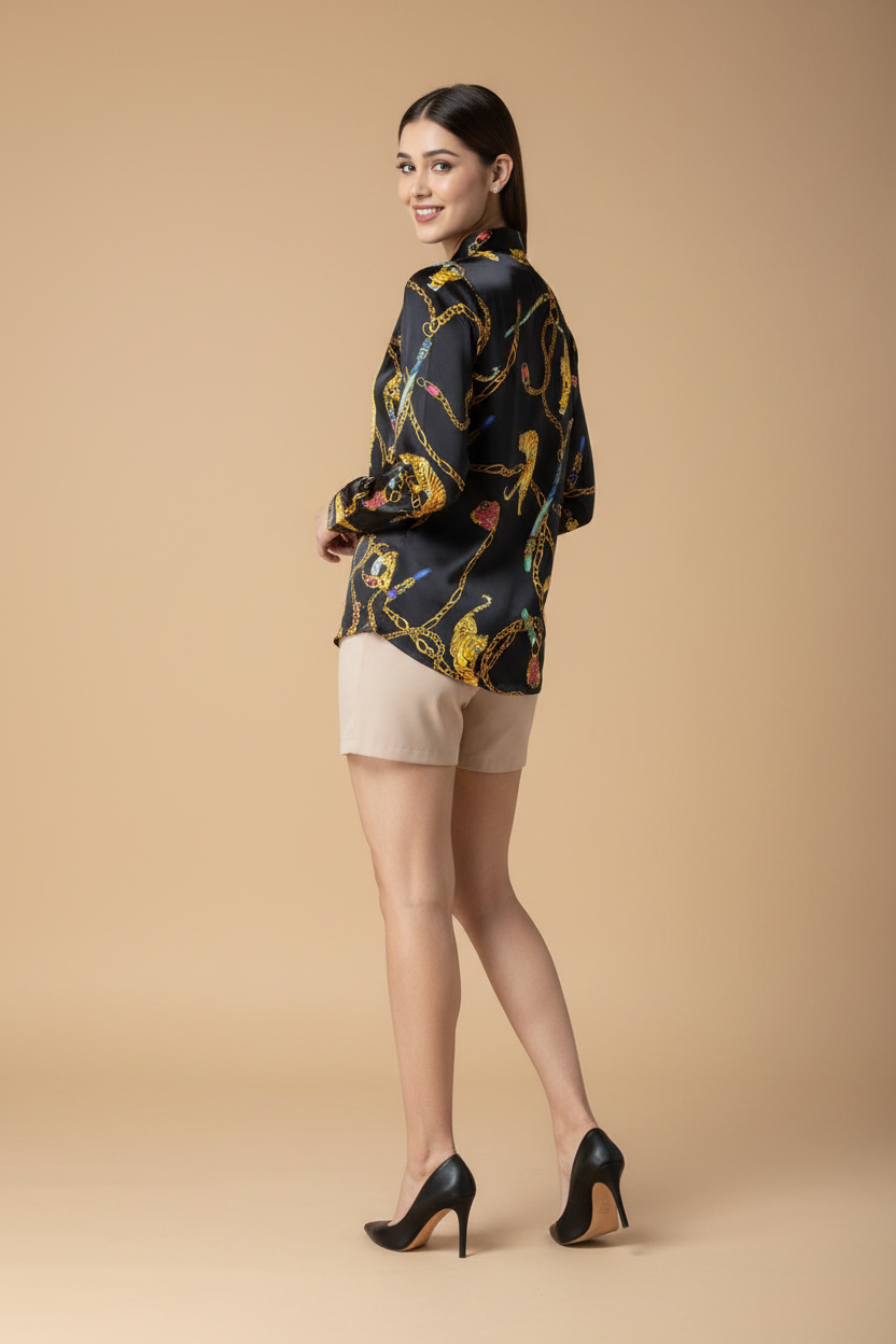 Snuggle Spot Women's Satin Printed Long Sleeves Standard Length Shirt (Black - Gold)