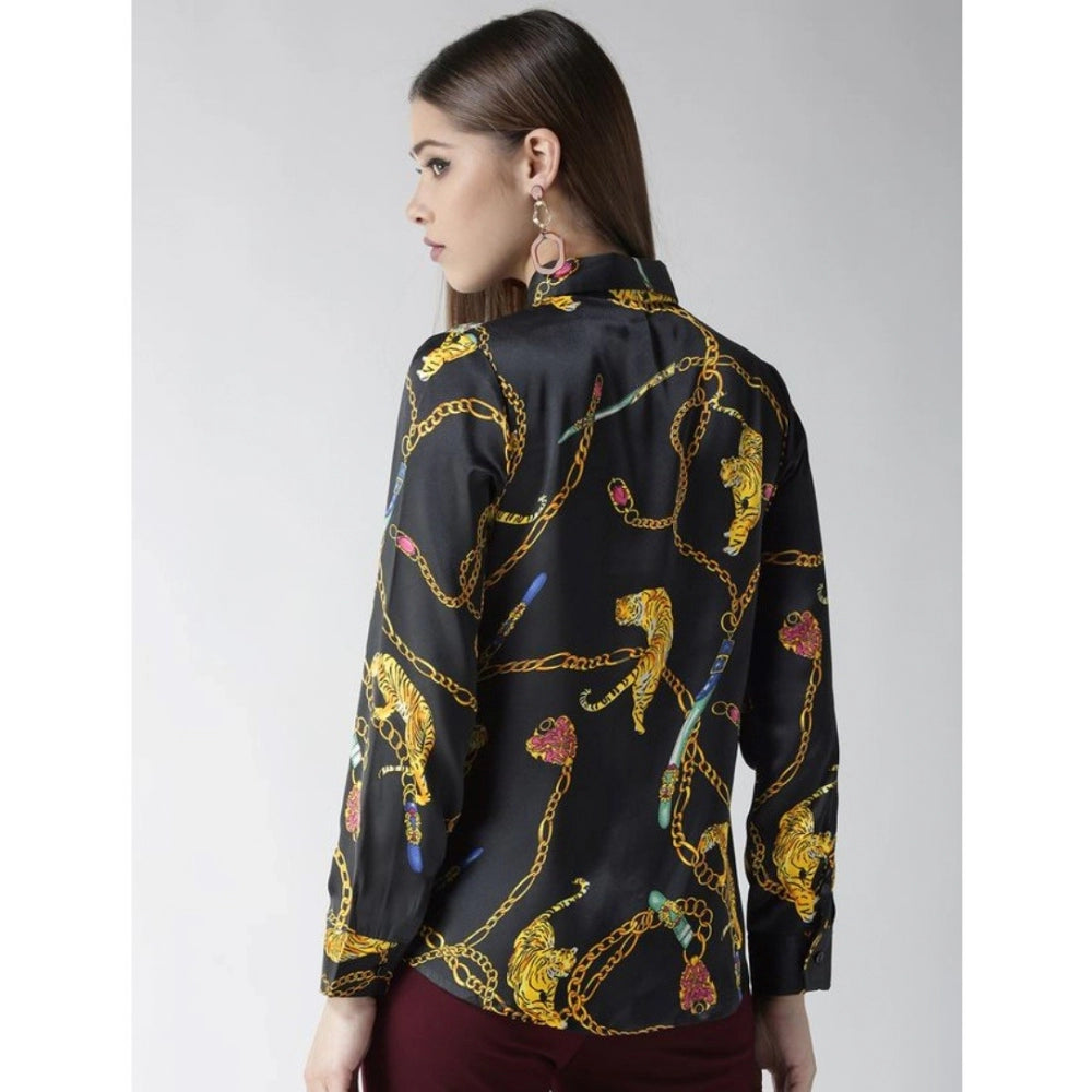 Snuggle Spot Women's Satin Printed Long Sleeves Standard Length Shirt (Black - Gold)