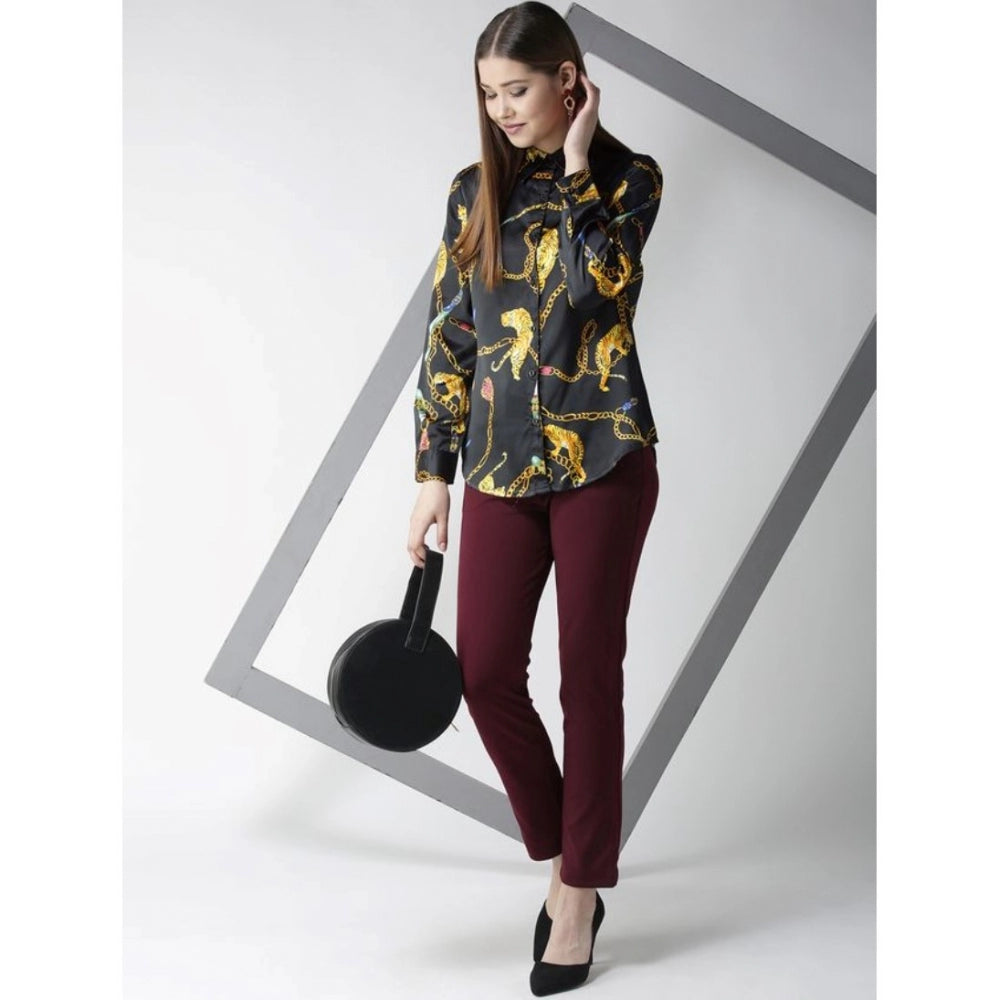Snuggle Spot Women's Satin Printed Long Sleeves Standard Length Shirt (Black - Gold)