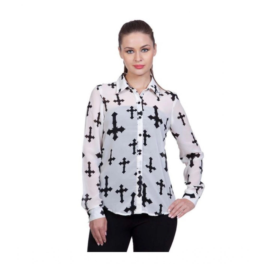 Snuggle Spot Women's Polyester Printed Long Sleeves Standard Length Shirt (White)