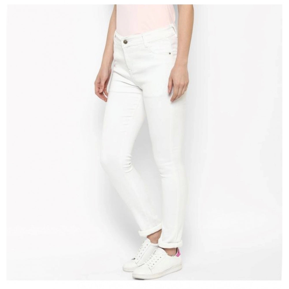 Snuggle Spot Women's Denim Solid Buttoned Jeans (White)