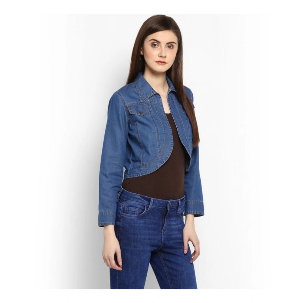 Snuggle Spot Women's Denim Solid 3-4th Sleeves Shrug (Blue)