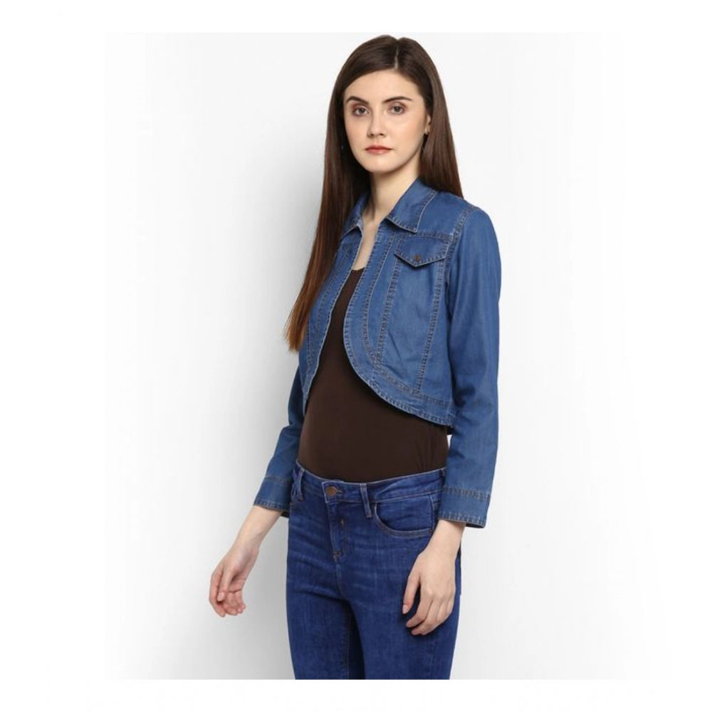 Snuggle Spot Women's Denim Solid 3-4th Sleeves Shrug (Blue)