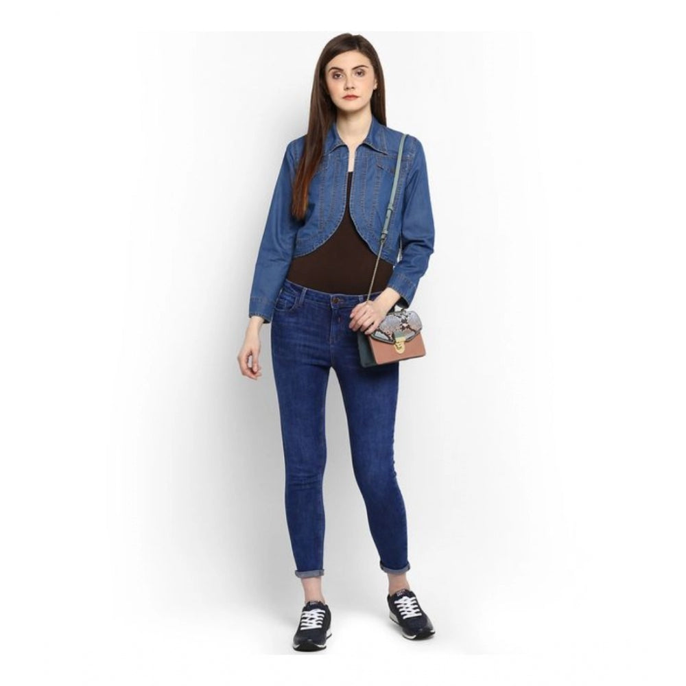 Snuggle Spot Women's Denim Solid 3-4th Sleeves Shrug (Blue)