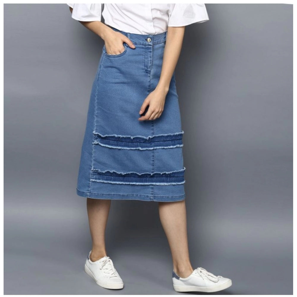 Snuggle Spot Women's Denim Washed Buttoned Skirt (Blue)