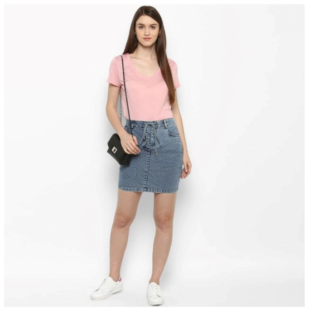 Snuggle Spot Women's Denim Draw String Buttoned Skirt (Blue)