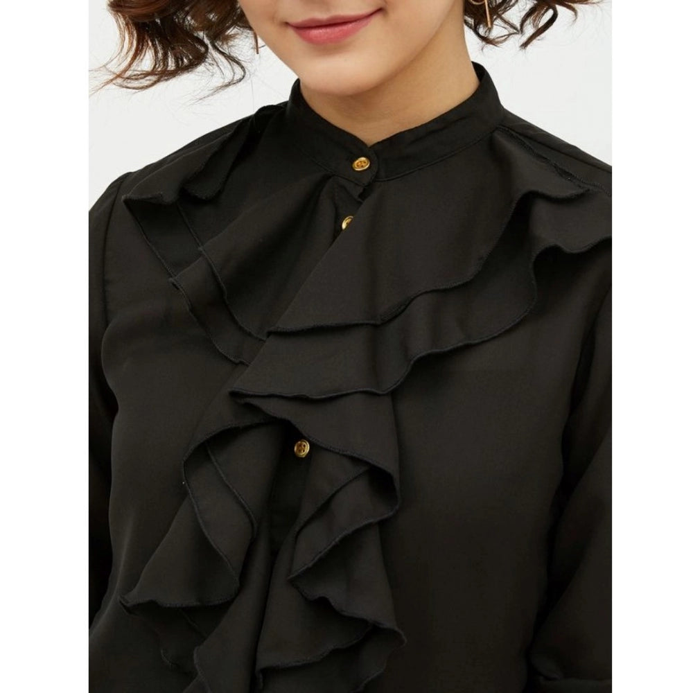 Snuggle Spot Women's Polyester Ruffled Long Sleeves Standard Length Shirt (Black)