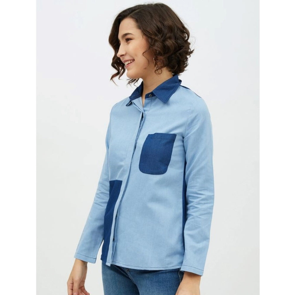 Snuggle Spot Women's Denim Patch Work Long Sleeves Standard Length Shirt (Blue)
