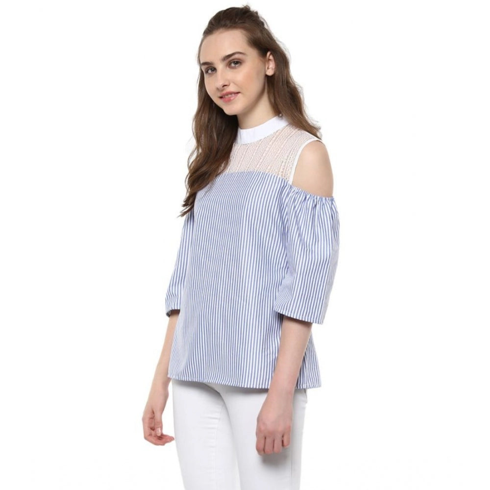 Snuggle Spot Women's Cotton Striped Cold Shoulder Top (Blue)