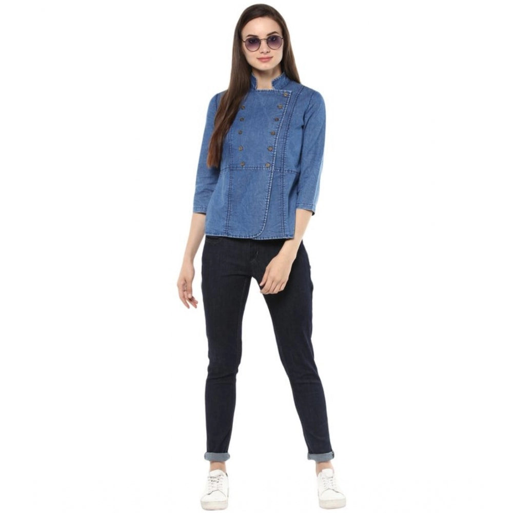 Snuggle Spot Women's Denim Solid 3-4th Sleeves Regular Top (Blue)