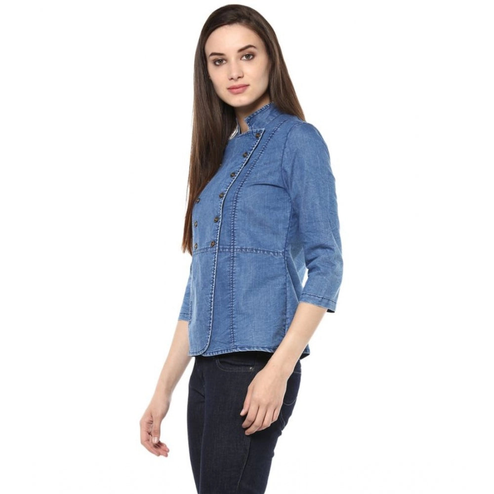 Snuggle Spot Women's Denim Solid 3-4th Sleeves Regular Top (Blue)