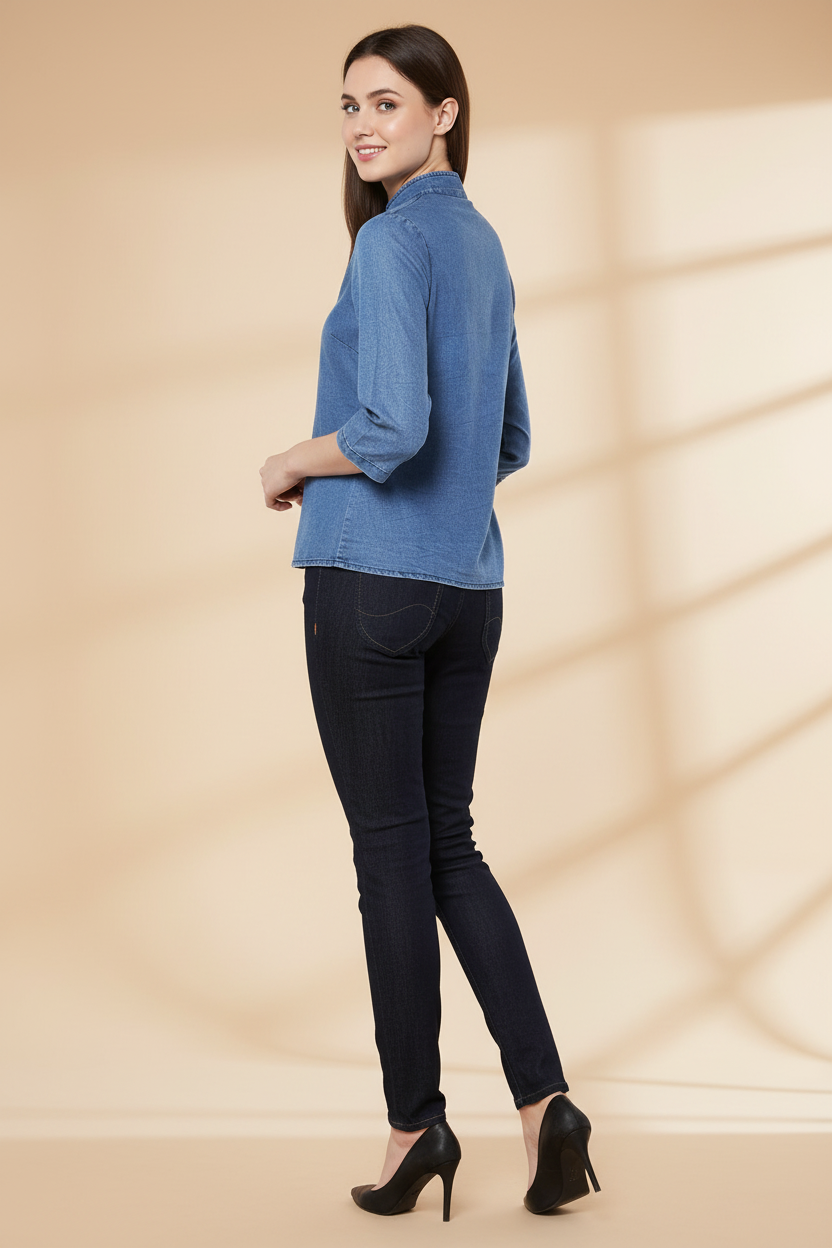 Snuggle Spot Women's Denim Solid 3-4th Sleeves Regular Top (Blue)