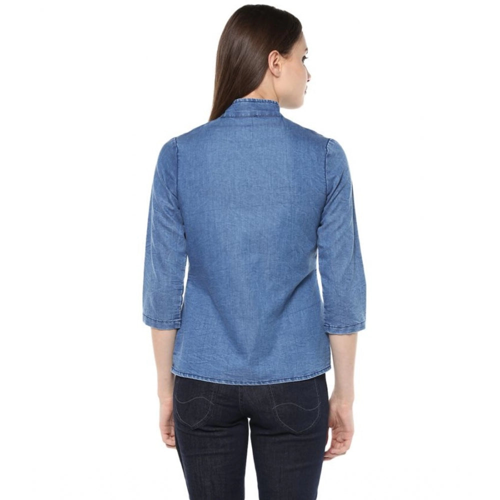 Snuggle Spot Women's Denim Solid 3-4th Sleeves Regular Top (Blue)