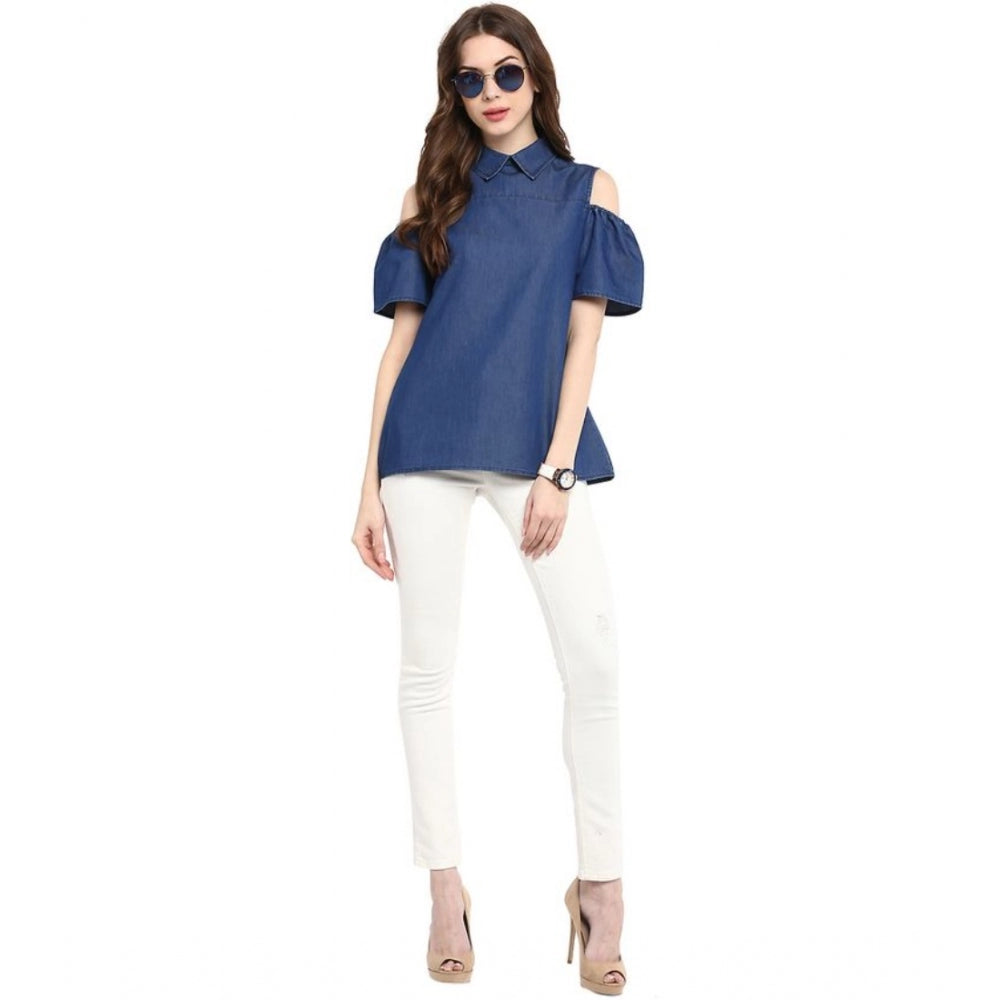 Snuggle Spot Women's Denim Solid Cold Shoulder Regular Top (Blue)