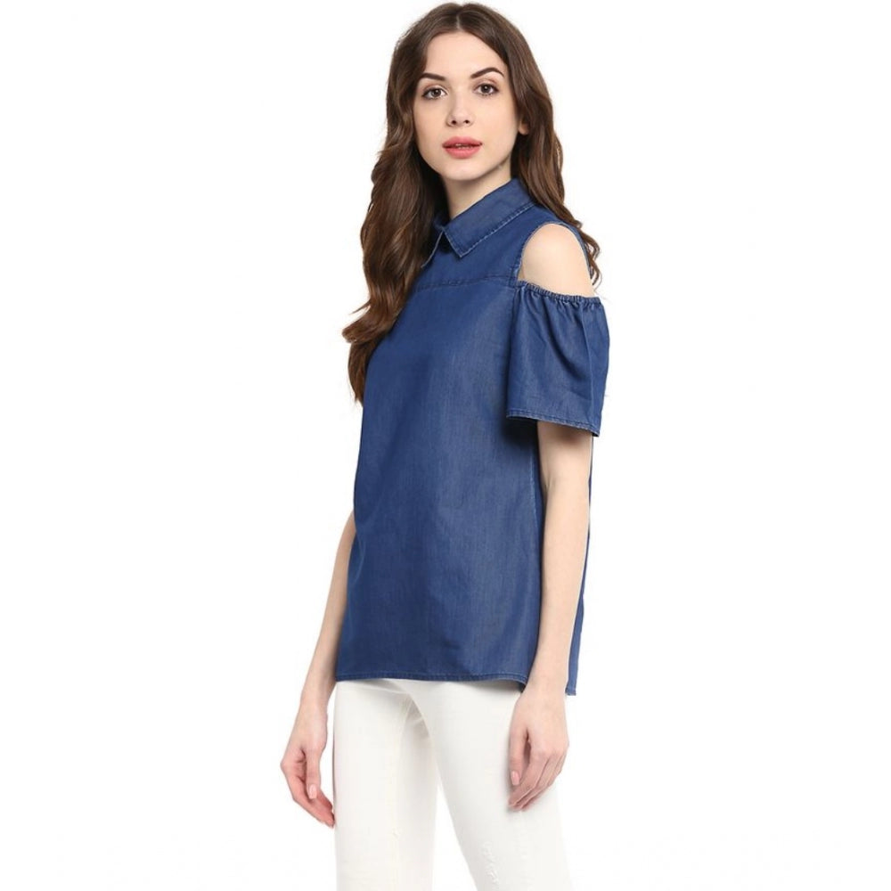 Snuggle Spot Women's Denim Solid Cold Shoulder Regular Top (Blue)