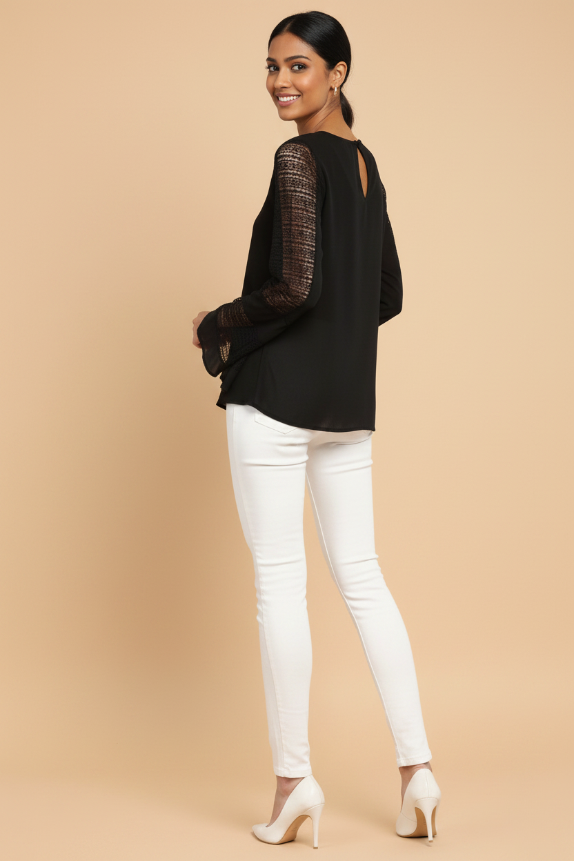 Snuggle Spot Women's Polyester Georgette Self Design Bell Sleeve Regular Top (Black)