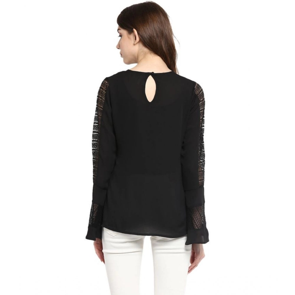 Snuggle Spot Women's Polyester Georgette Self Design Bell Sleeve Regular Top (Black)