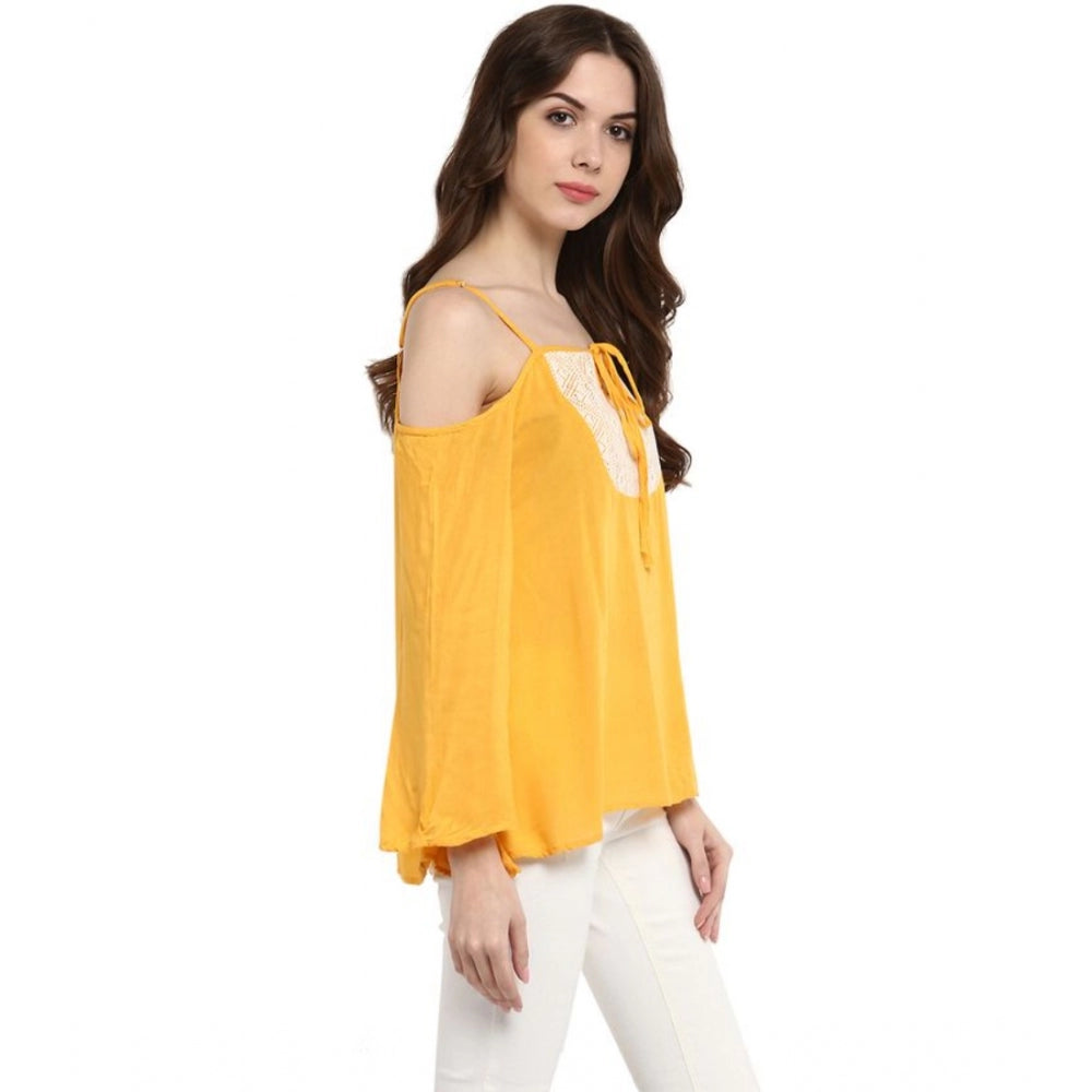 Snuggle Spot Women's Rayon Embellished Cold Shoulder Regular Top (Mustard Yellow)