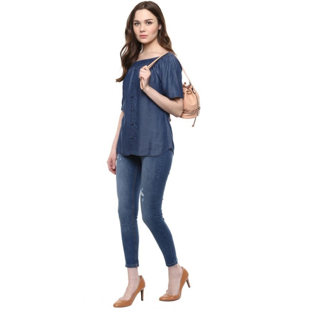 Snuggle Spot Women's Denim Solid Short Sleeve Regular Top (Blue)