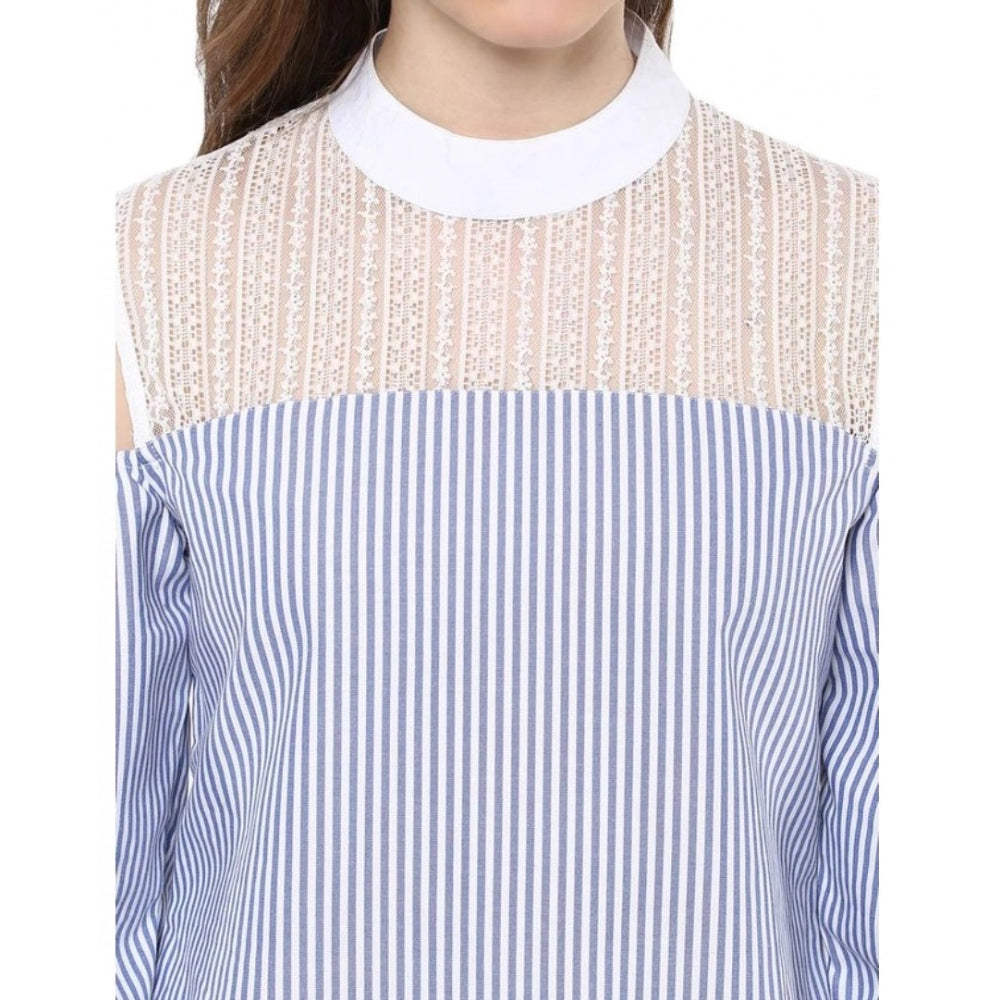 Snuggle Spot Women's Cotton Striped Cold Shoulder Top (Blue)