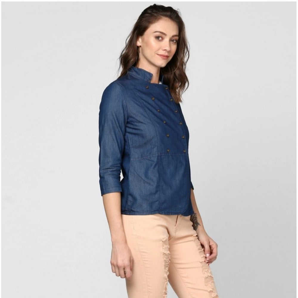 Snuggle Spot Women's Denim Solid 3-4th Sleeves Top (Blue)