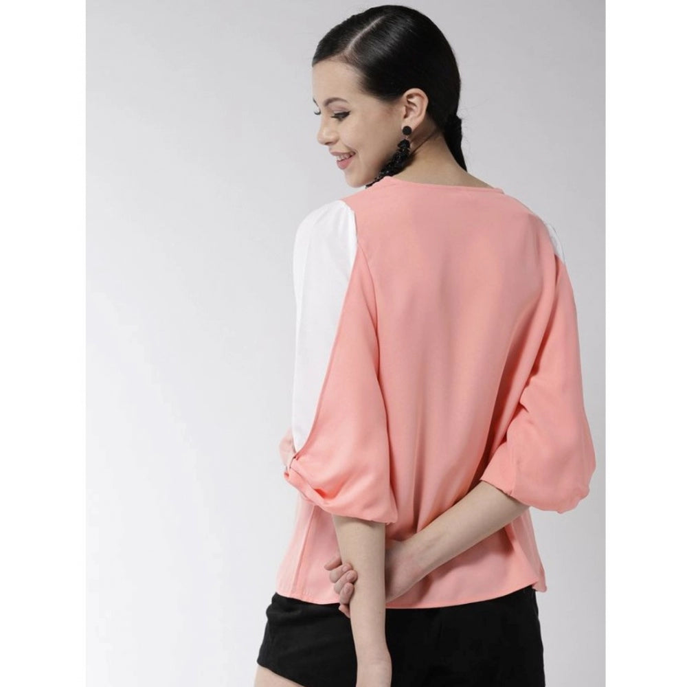 Snuggle Spot Women's Polyester Colour Block Slit Sleeve Top (Pink)