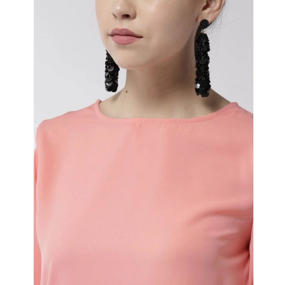 Snuggle Spot Women's Polyester Colour Block Slit Sleeve Top (Pink)