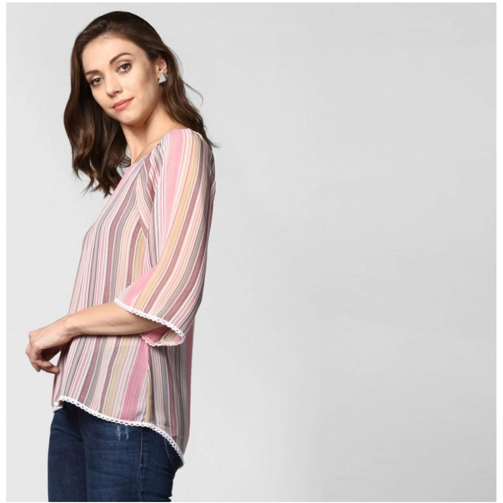 Snuggle Spot Women's Polyester Striped 3-4th Sleeves Top (Pink)