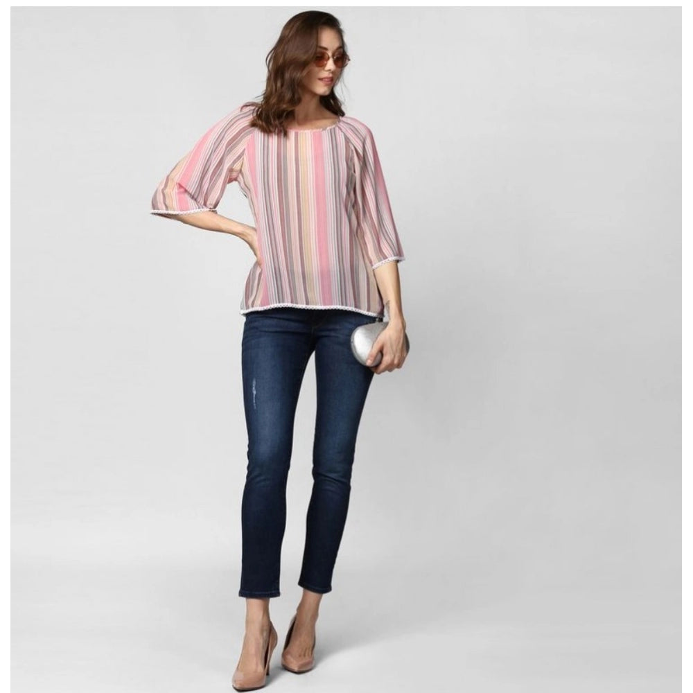 Snuggle Spot Women's Polyester Striped 3-4th Sleeves Top (Pink)