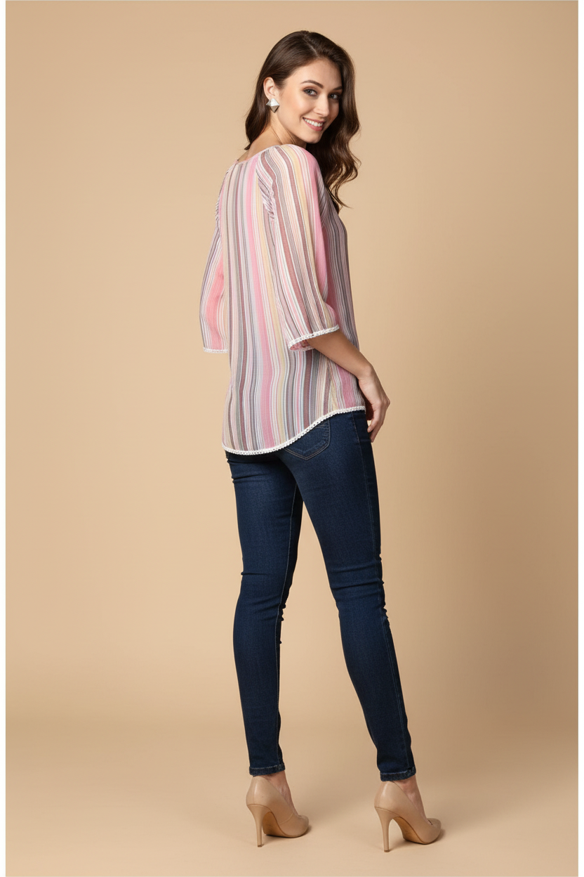 Snuggle Spot Women's Polyester Striped 3-4th Sleeves Top (Pink)