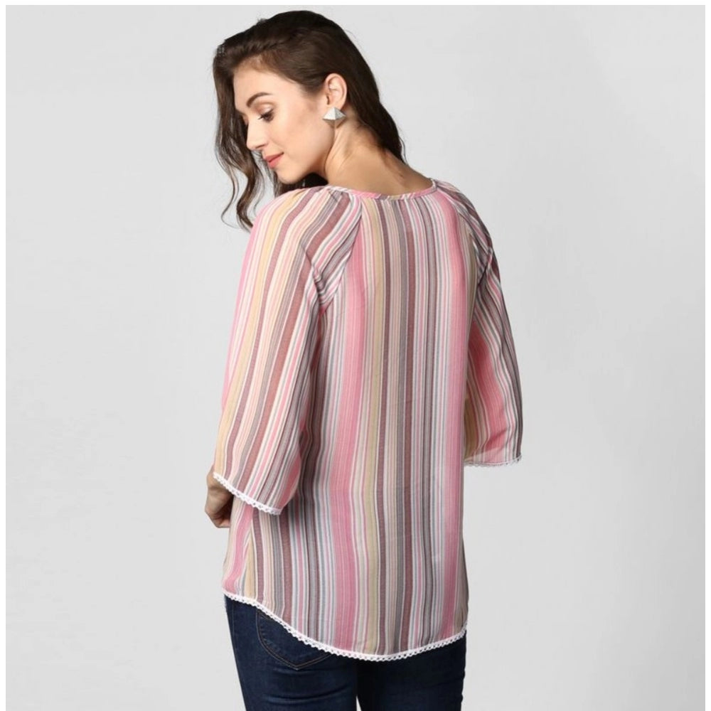 Snuggle Spot Women's Polyester Striped 3-4th Sleeves Top (Pink)