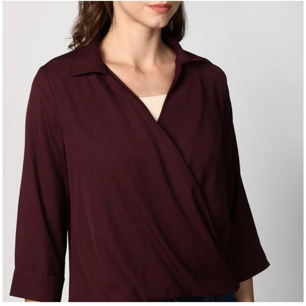 Snuggle Spot Women's Polyester Solid 3-4th Sleeves Top (Maroon)