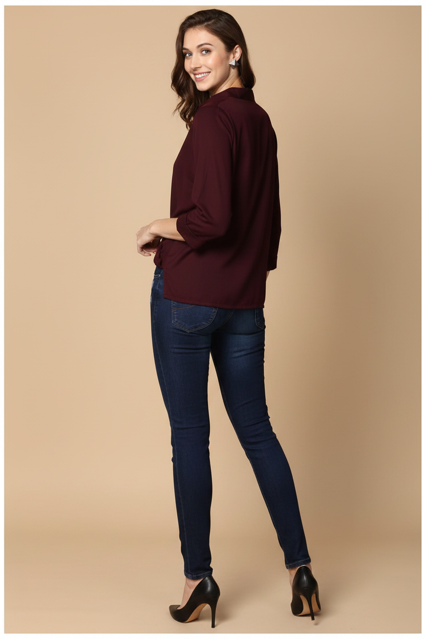 Snuggle Spot Women's Polyester Solid 3-4th Sleeves Top (Maroon)