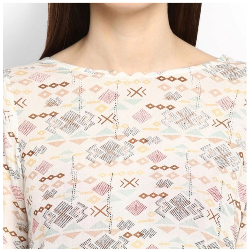 Snuggle Spot Women's Rayon Crepe Printed Ruffle Sleeve Top (Off White - Red)