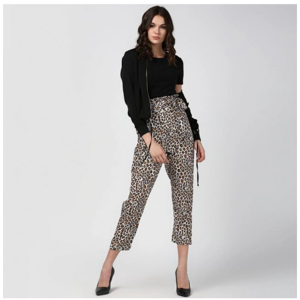 Snuggle Spot Women's Polyester Animal Print Elasticated Trousers (White - Yellow)