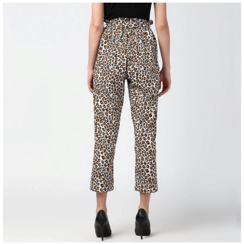 Snuggle Spot Women's Polyester Animal Print Elasticated Trousers (White - Yellow)