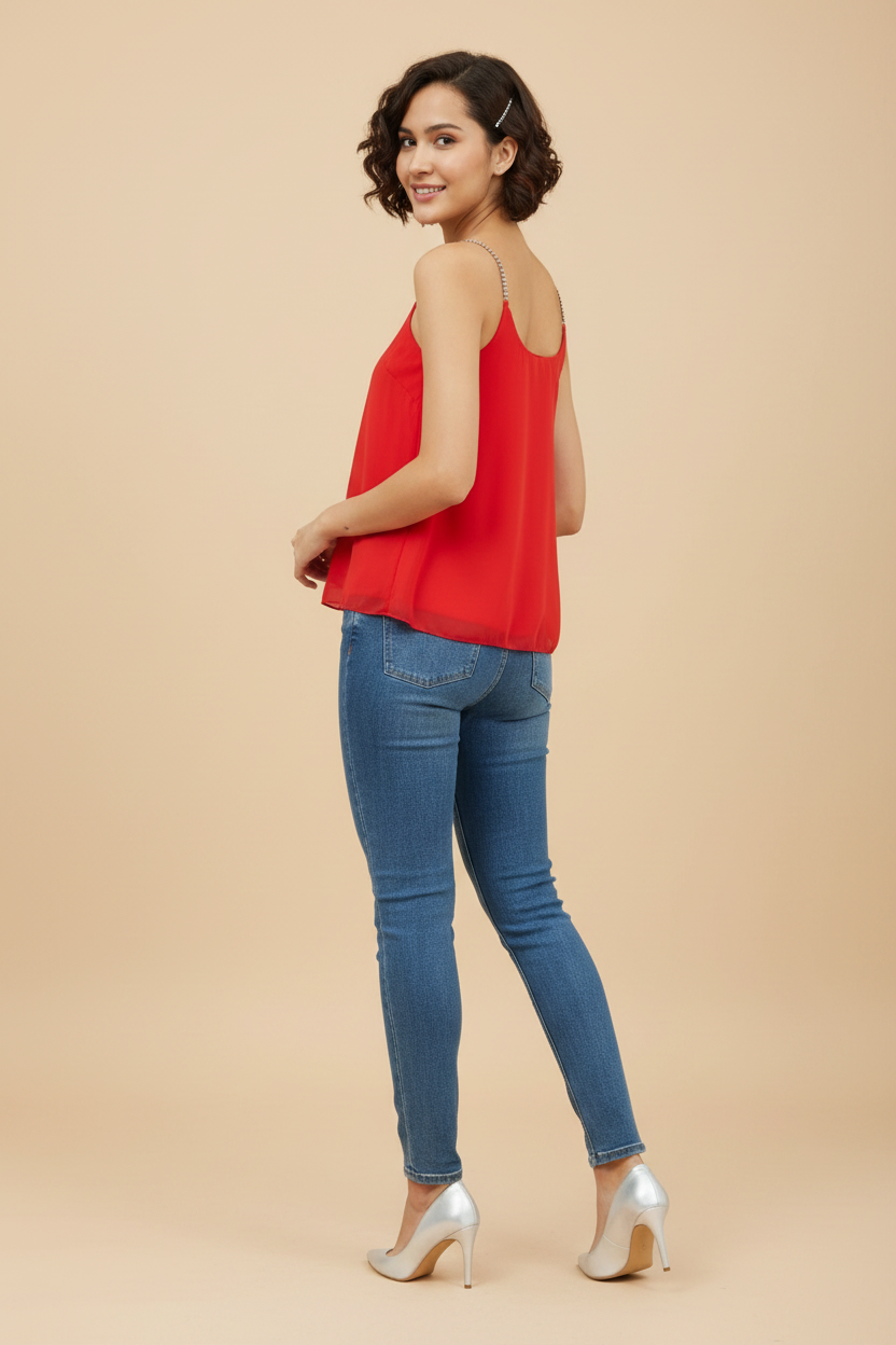 Snuggle Spot Women's Polyester Embellished Shoulder Straps Top (Red)