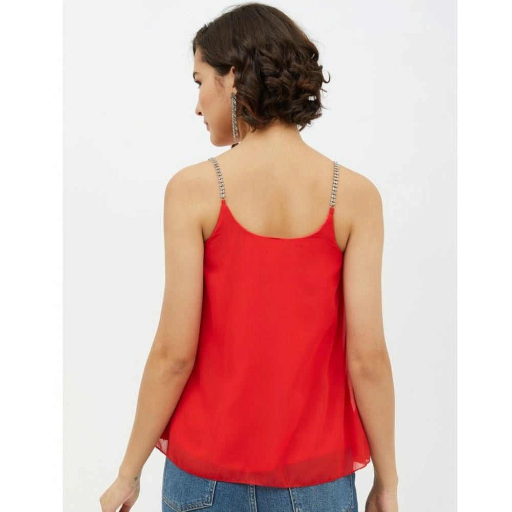 Snuggle Spot Women's Polyester Embellished Shoulder Straps Top (Red)