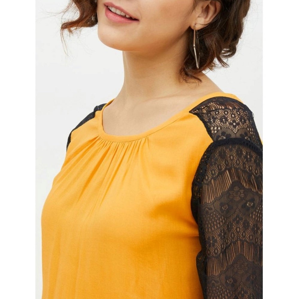 Snuggle Spot Women's Rayon Lace Inserts Long Sleeves Top (Yellow)