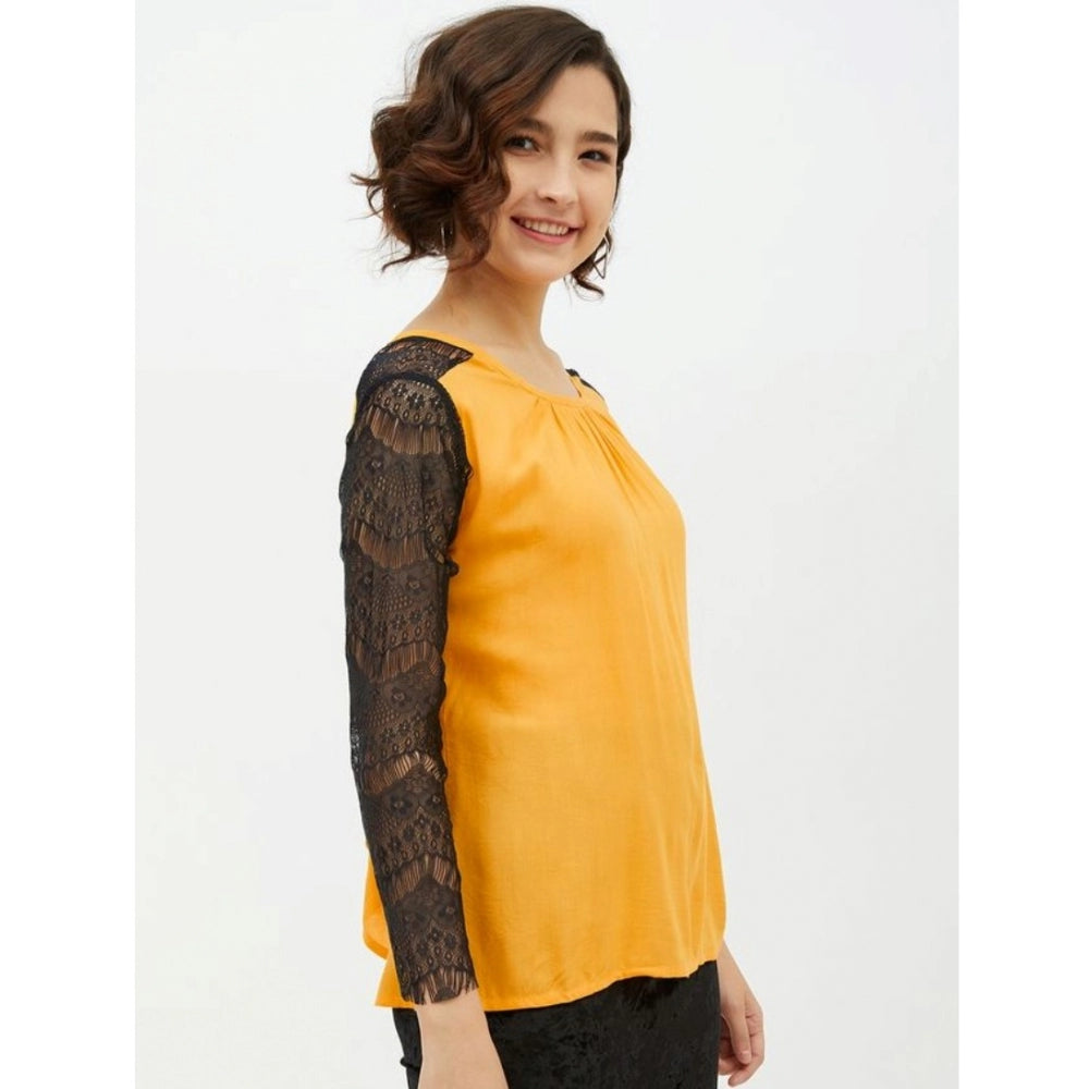Snuggle Spot Women's Rayon Lace Inserts Long Sleeves Top (Yellow)