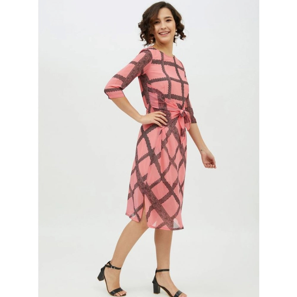 Snuggle Spot Women's Polyester Checkered 3-4th Sleeves Below Knee Dress (Pink)