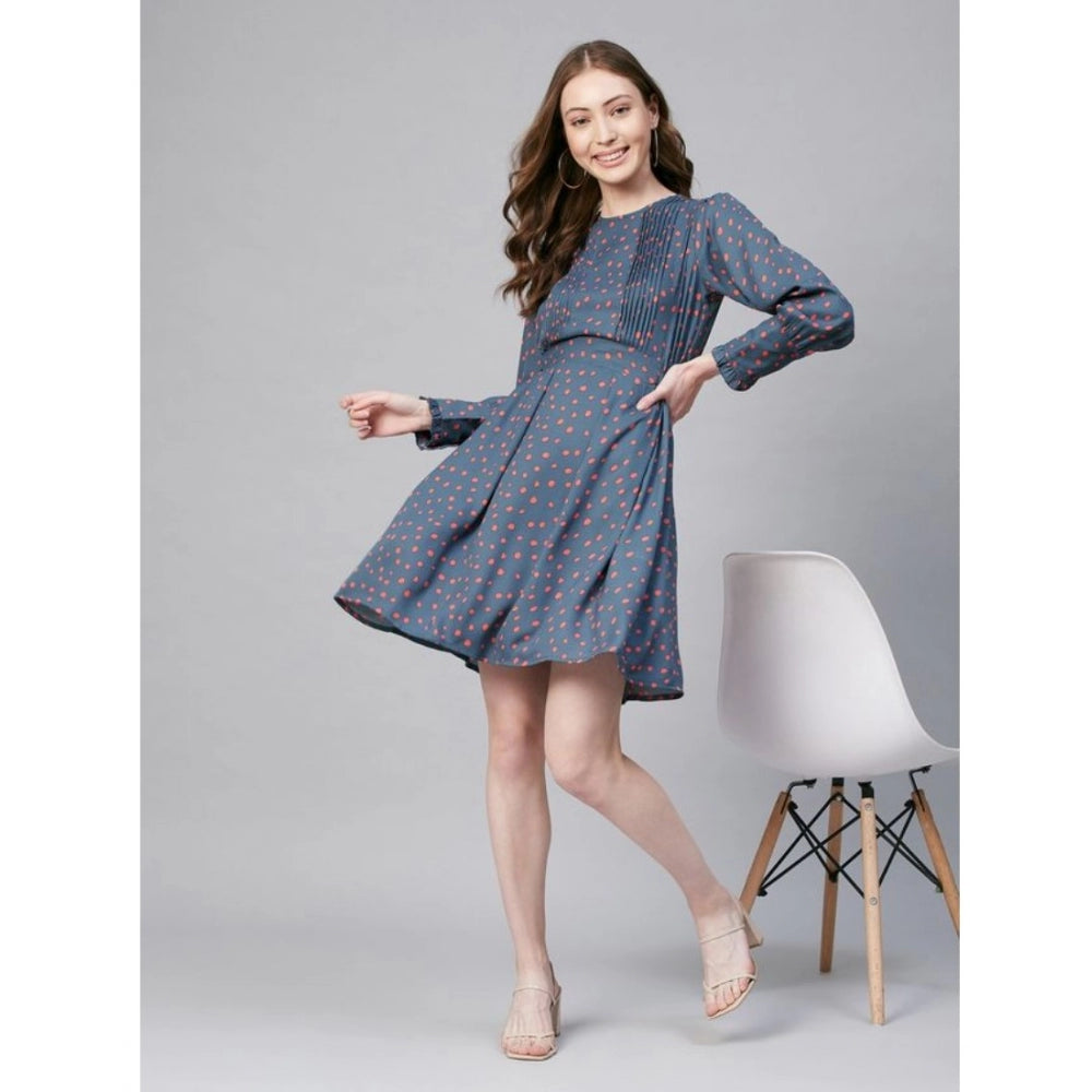 Snuggle Spot Women's Polyester Polka Long Sleeves Above Knee Dress (Grey - Coral)