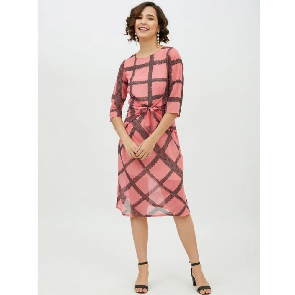 Snuggle Spot Women's Polyester Checkered 3-4th Sleeves Below Knee Dress (Pink)
